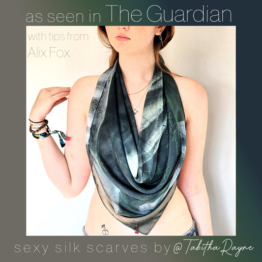 title image for post silk scarves featured in the Guardian with tips from Alix Fox - a woman wears a draped green silk scarf as a cowl neck top