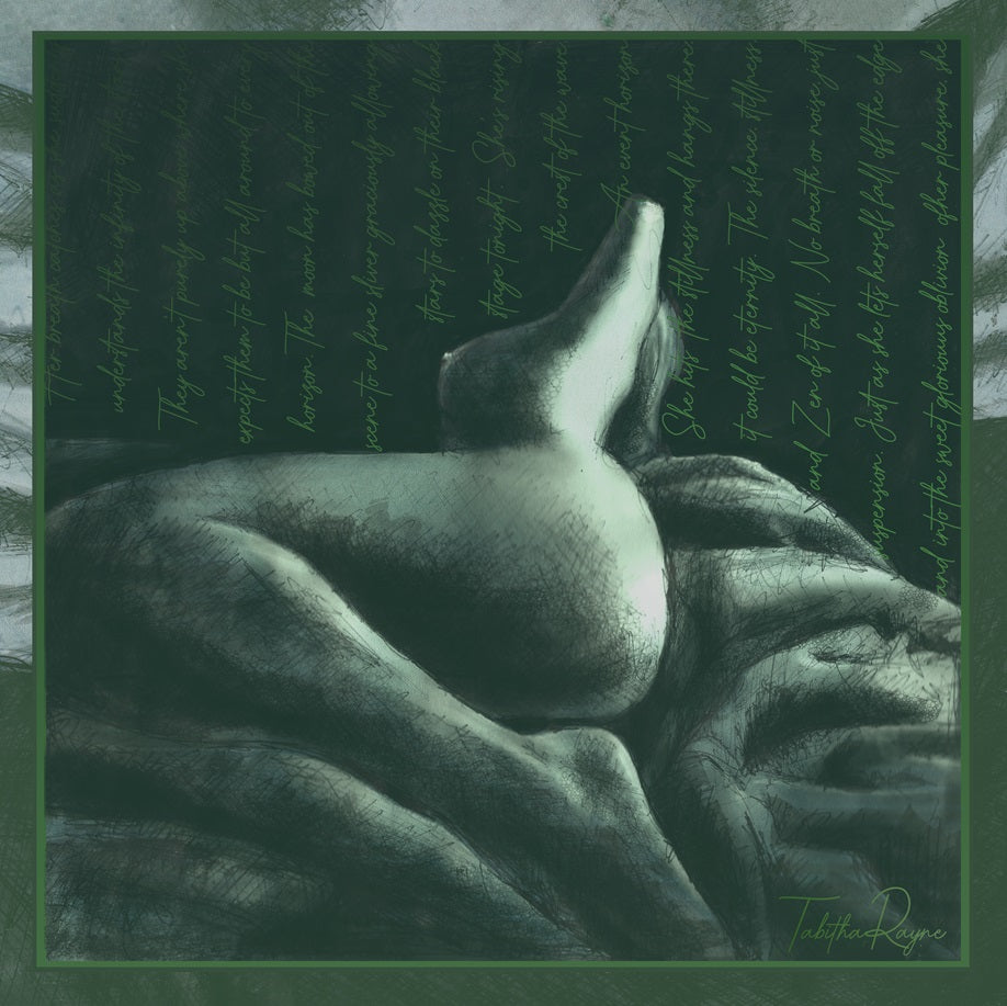 on a dark background a woman lies nude in repose - 'Watch Me' a painting by Tabitha Rayne with words from a spicy romance book behind - sultry green
