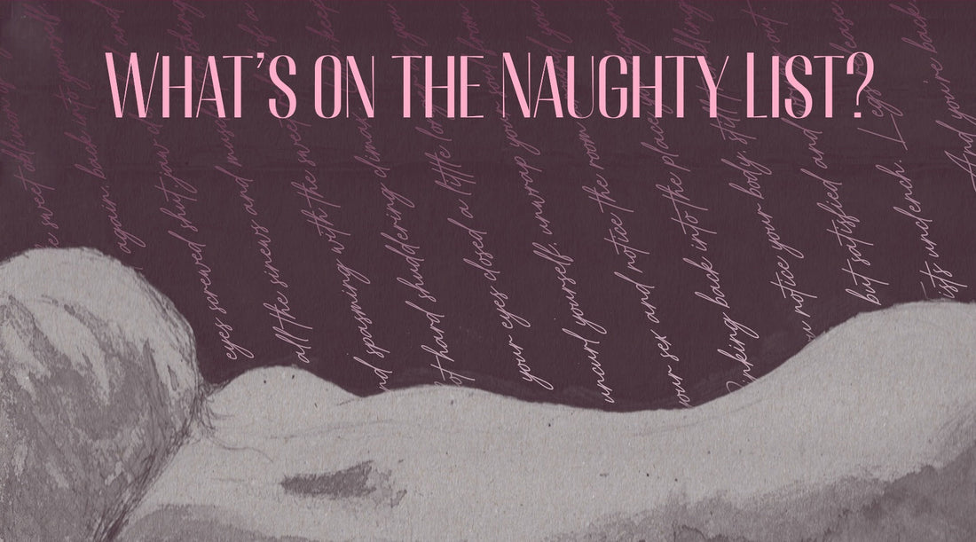 picture of a painted nude in pink and grey with title 'What's on the naughty list' for silk scarf stocking filler blog