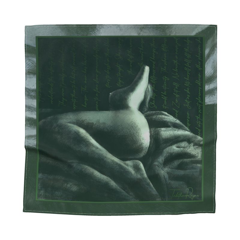 on a dark background a woman lies nude in repose - 'Watch Me' a painting by Tabitha Rayne with words from a spicy romance book behind - sultry green
